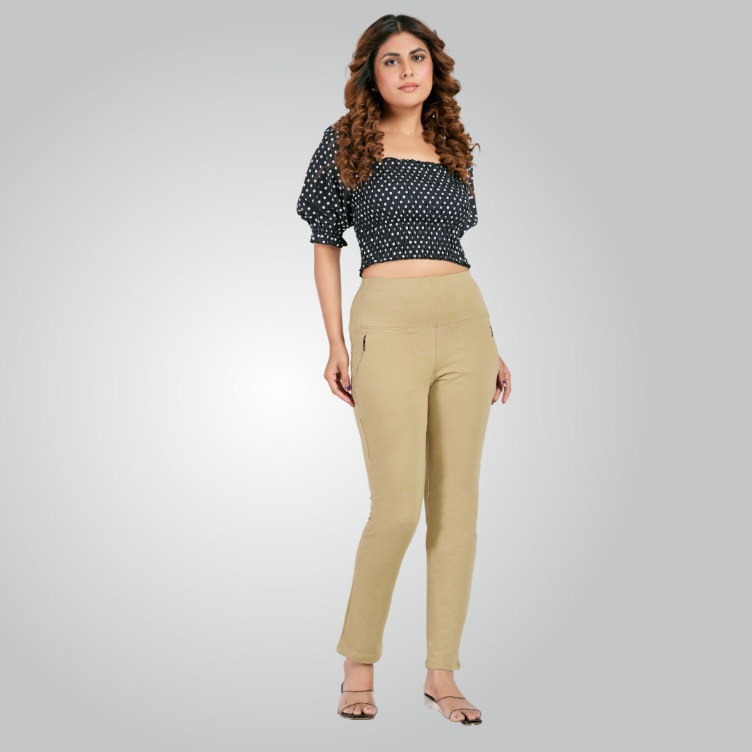 Beige High Waist All Day Cotton Lycra Pant