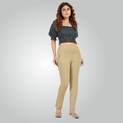 Beige High Waist All Day Cotton Lycra Pant