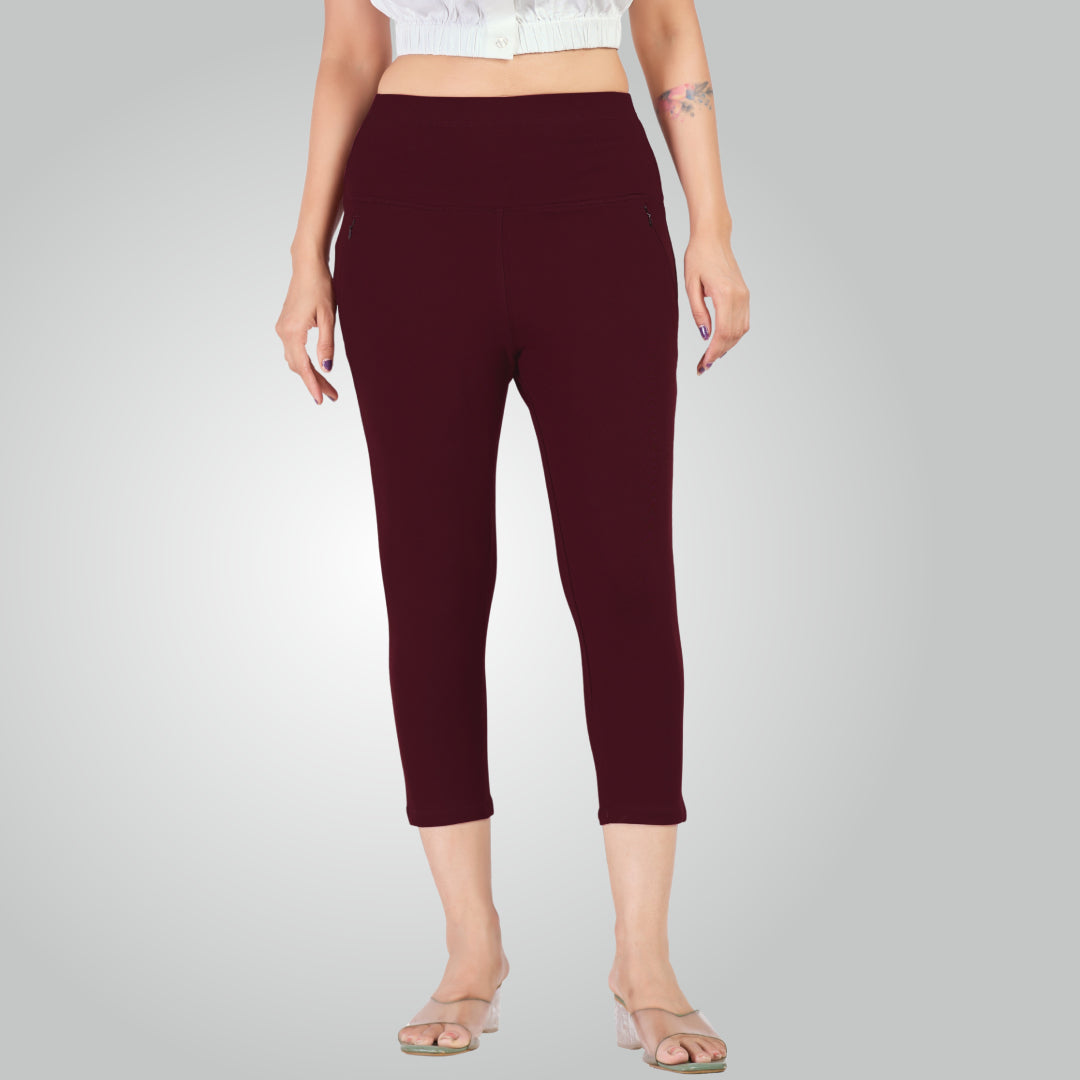 Wine High Waist All Day Cotton Lycra Capris