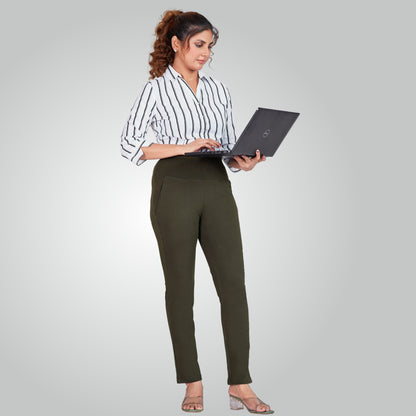 Olive Green High Waist All Day Cotton Lycra Pant