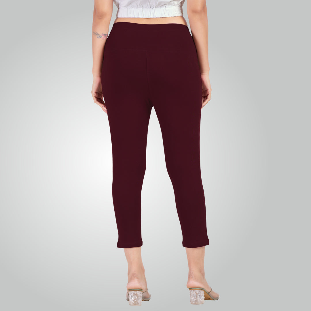 Wine High Waist All Day Cotton Lycra Capris