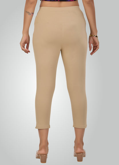 BEIGE 4-WAY STRETCH COTTON HIGH WAIST CAPRI
