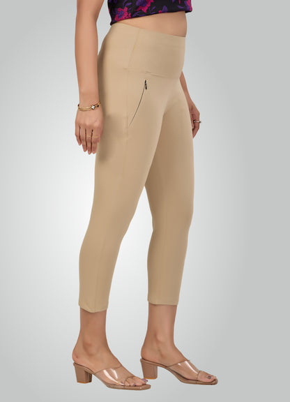BEIGE 4-WAY STRETCH COTTON HIGH WAIST CAPRI