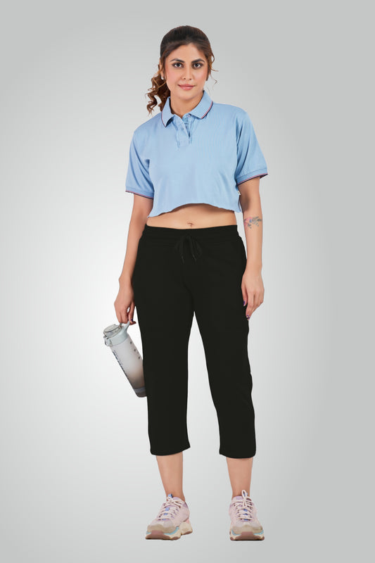 Black Combed Cotton Lounge Capri For Women