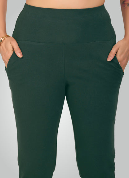 BOTTLE GREEN 4-WAY STRETCH COTTON HIGH WAIST PANT