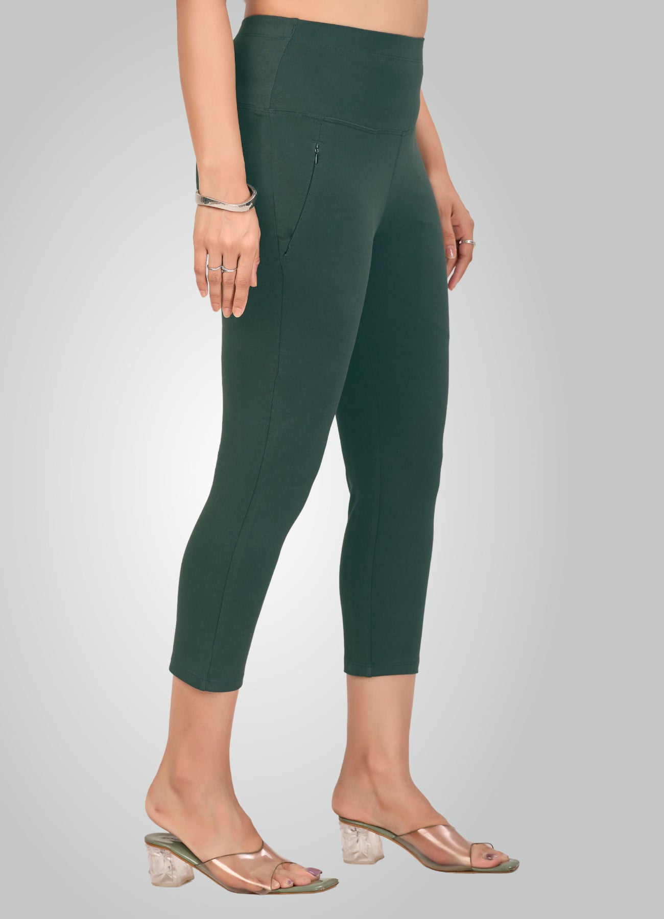 BOTTLE GREEN 4-WAY STRETCH COTTON HIGH WAIST CAPRI