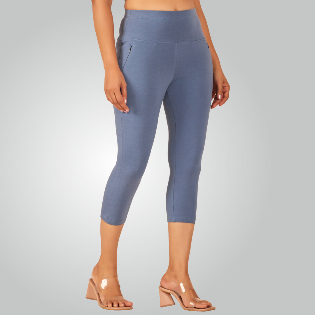 Denim Blue High Waist All Day Cotton Lycra Capris