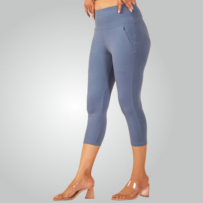 Denim Blue High Waist All Day Cotton Lycra Capris