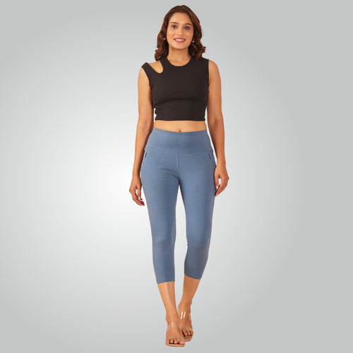 Denim Blue High Waist All Day Cotton Lycra Capris