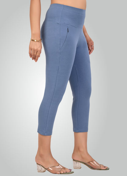 DENIM BLUE 4-WAY STRETCH COTTON HIGH WAIST CAPRI