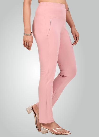 FLAMINGO PINK 4-WAY STRETCH COTTON HIGH WAIST PANT