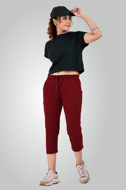 Maroon Combed Cotton Lounge Capri For Women