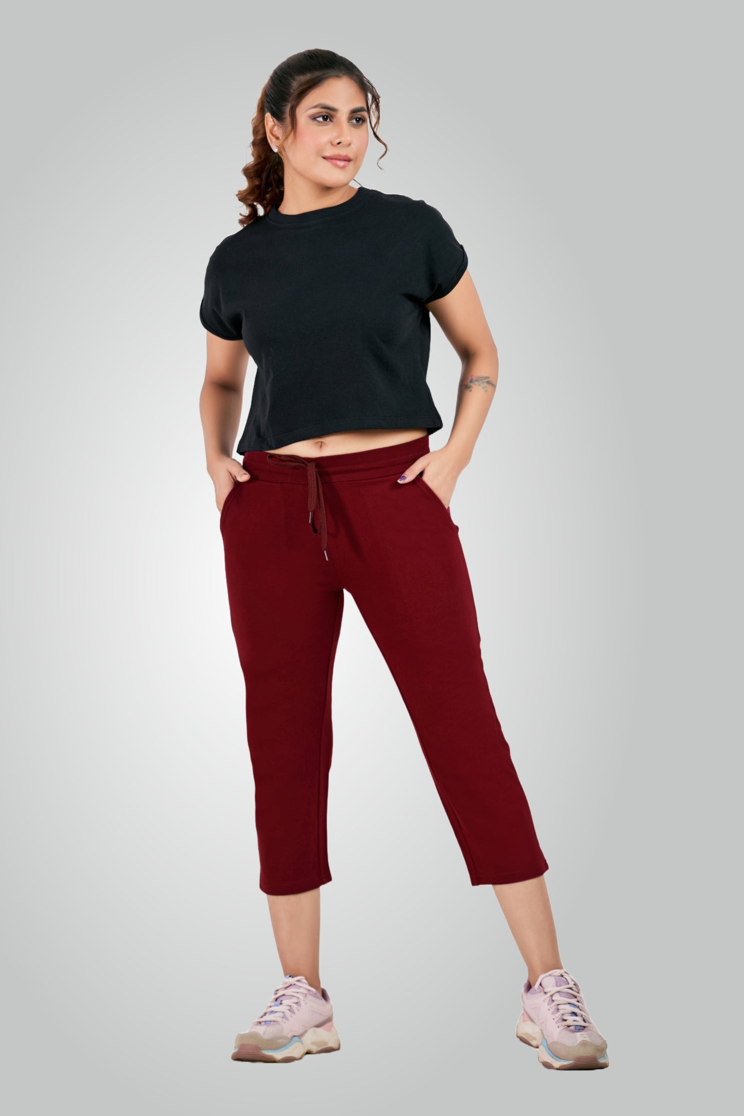 Maroon Combed Cotton Lounge Capri For Women