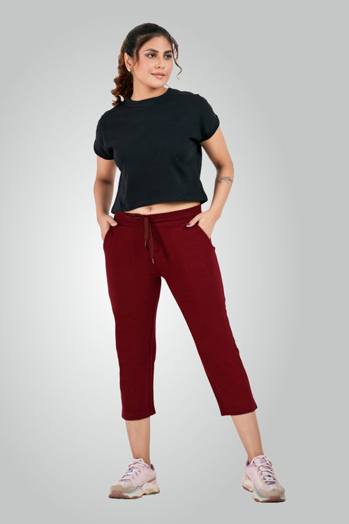 Maroon Combed Cotton Lounge Capri For Women
