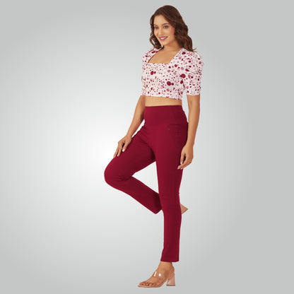 Maroon High Waist All Day Cotton Lycra Pant