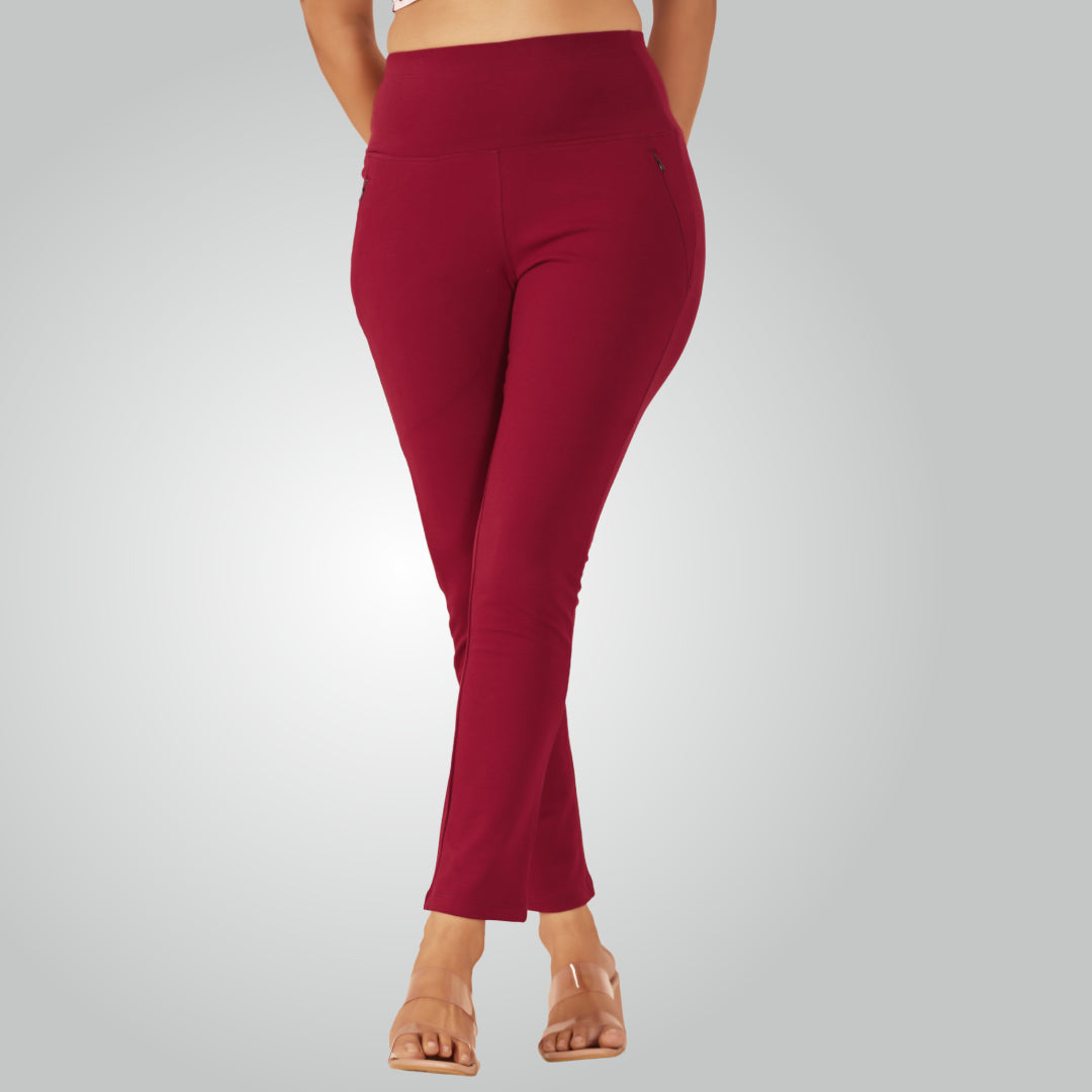 Maroon High Waist All Day Cotton Lycra Pant