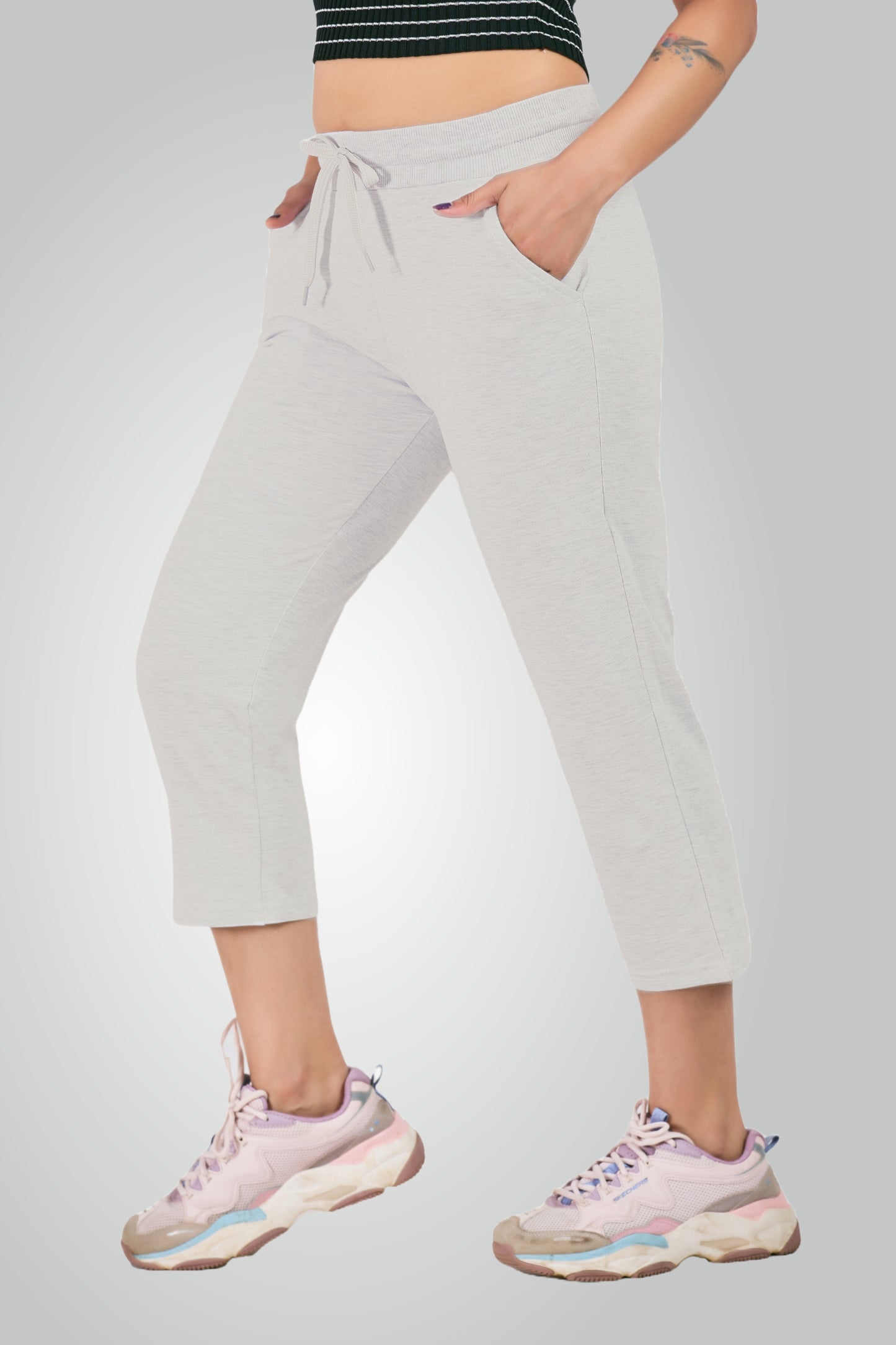 Melange Grey Combed Cotton Lounge Capri For Women