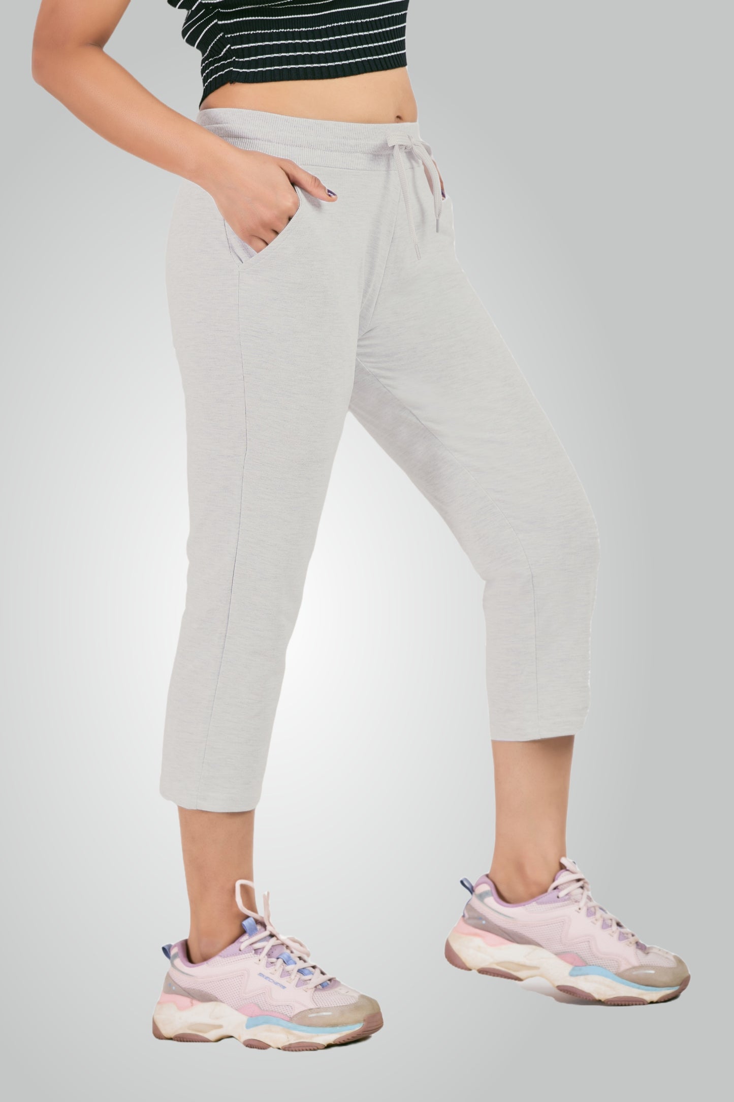 Melange Grey Combed Cotton Lounge Capri For Women