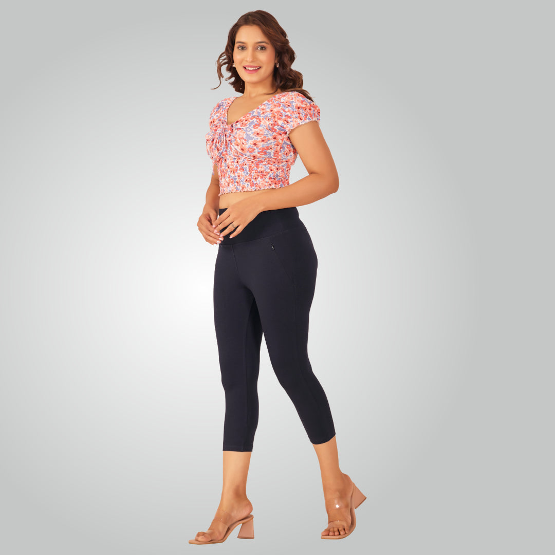 Navy Blue High Waist All Day Cotton Lycra Capris