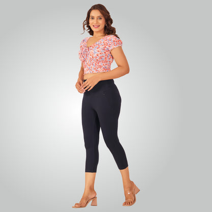 Navy Blue High Waist All Day Cotton Lycra Capris