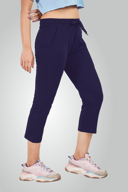 Navy Blue Combed Cotton Lounge Capri For Women