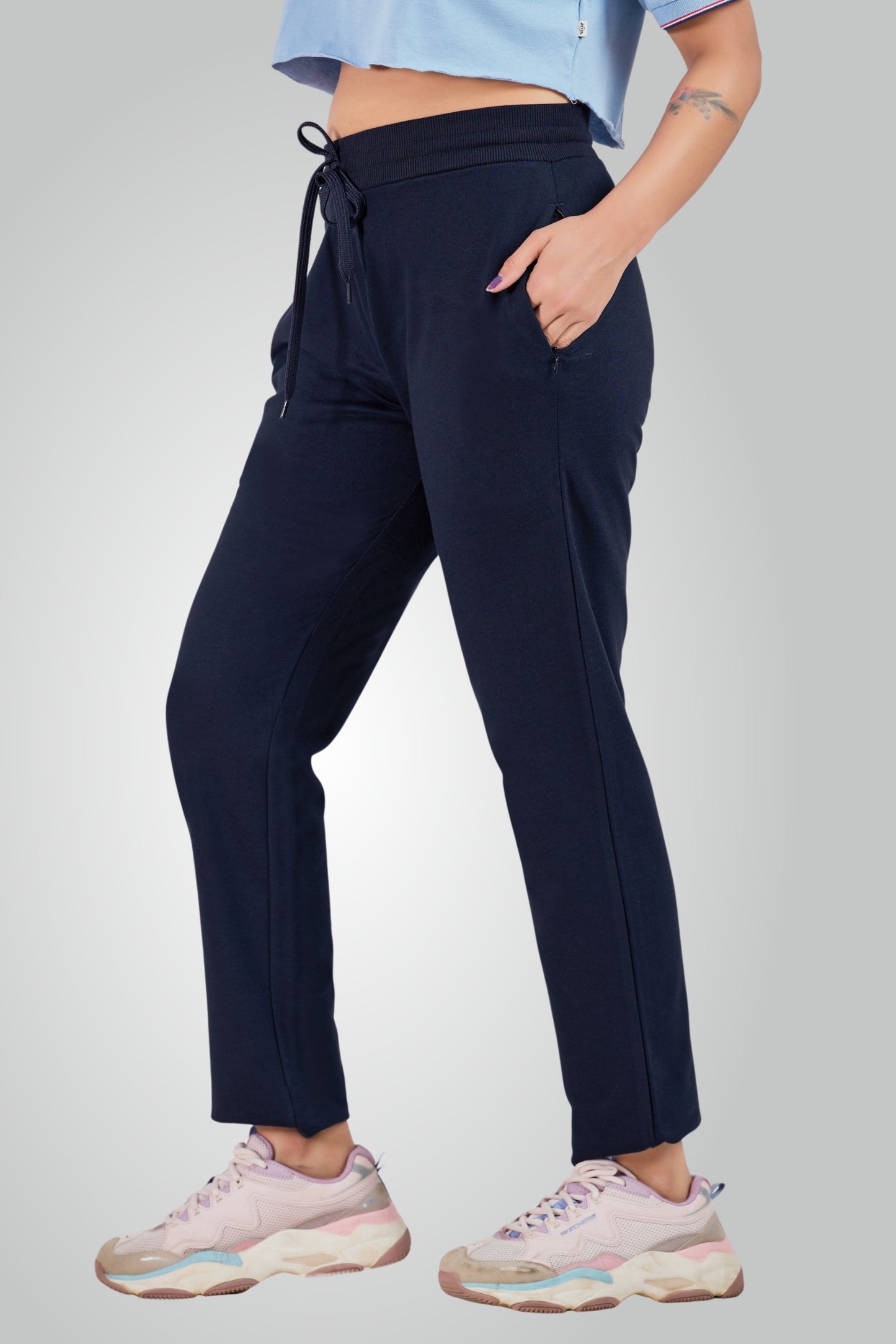 Navy Blue Combed Cotton Track Pant For Women