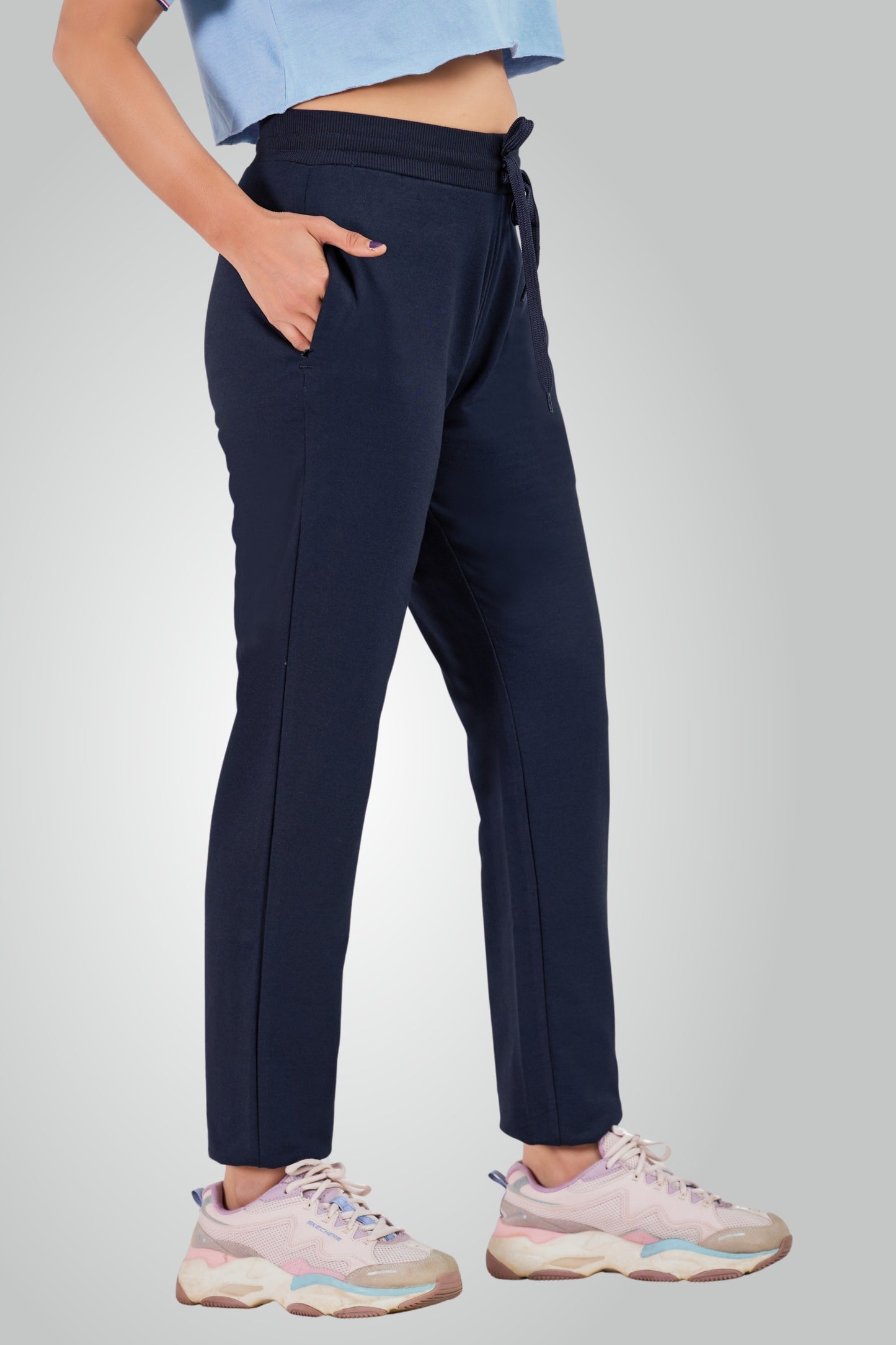 Navy Blue Combed Cotton Track Pant For Women