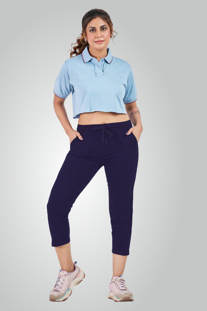 Navy Blue Combed Cotton Lounge Capri For Women