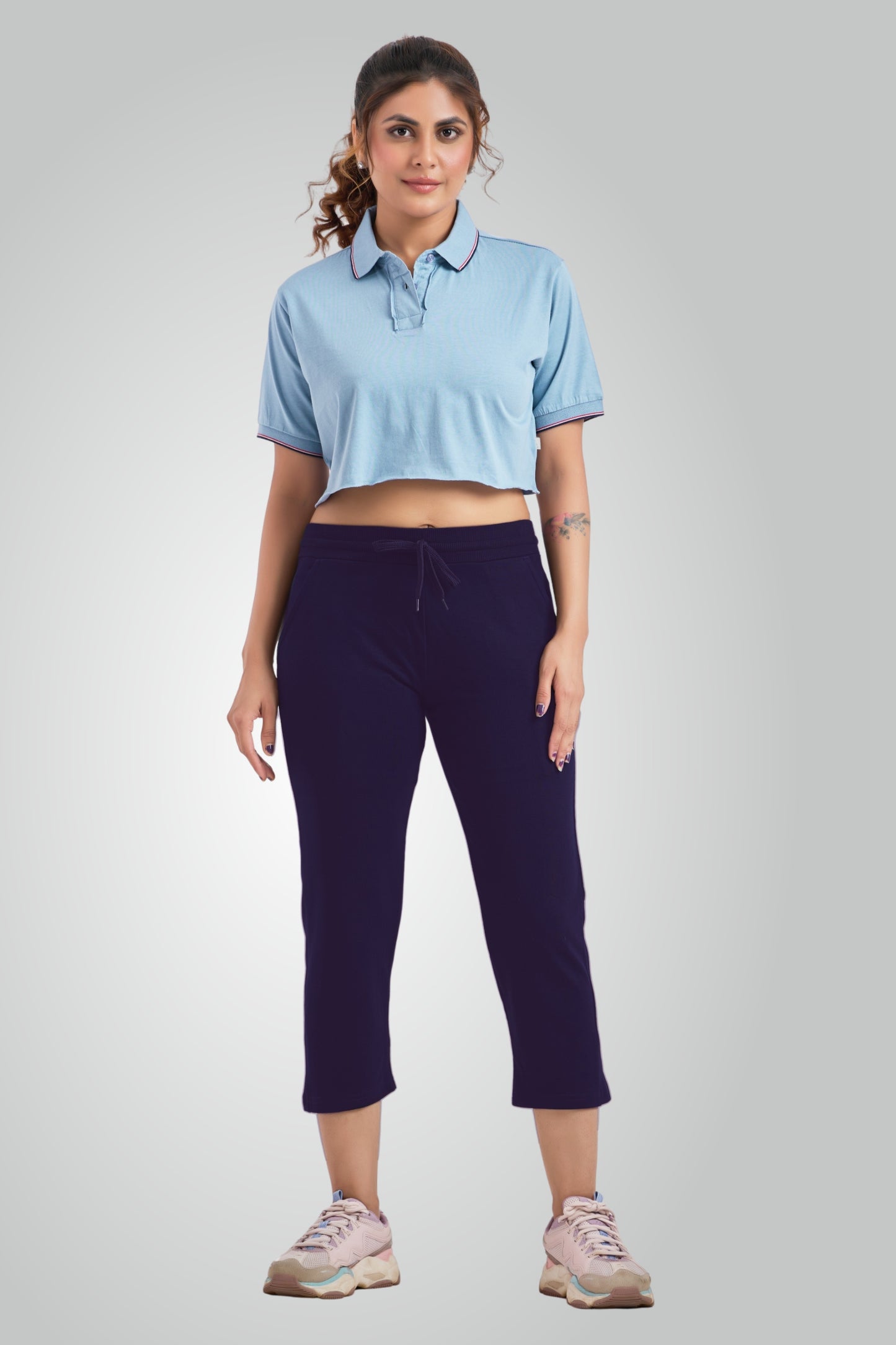 Navy Blue Combed Cotton Lounge Capri For Women