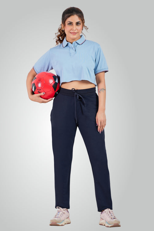 Navy Blue Combed Cotton Track Pant For Women