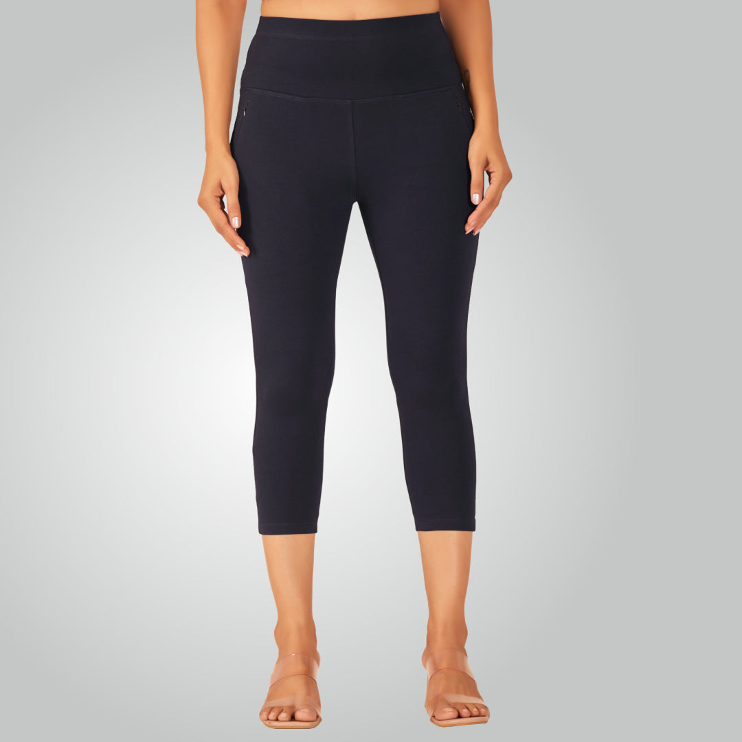 Navy Blue High Waist All Day Cotton Lycra Capris