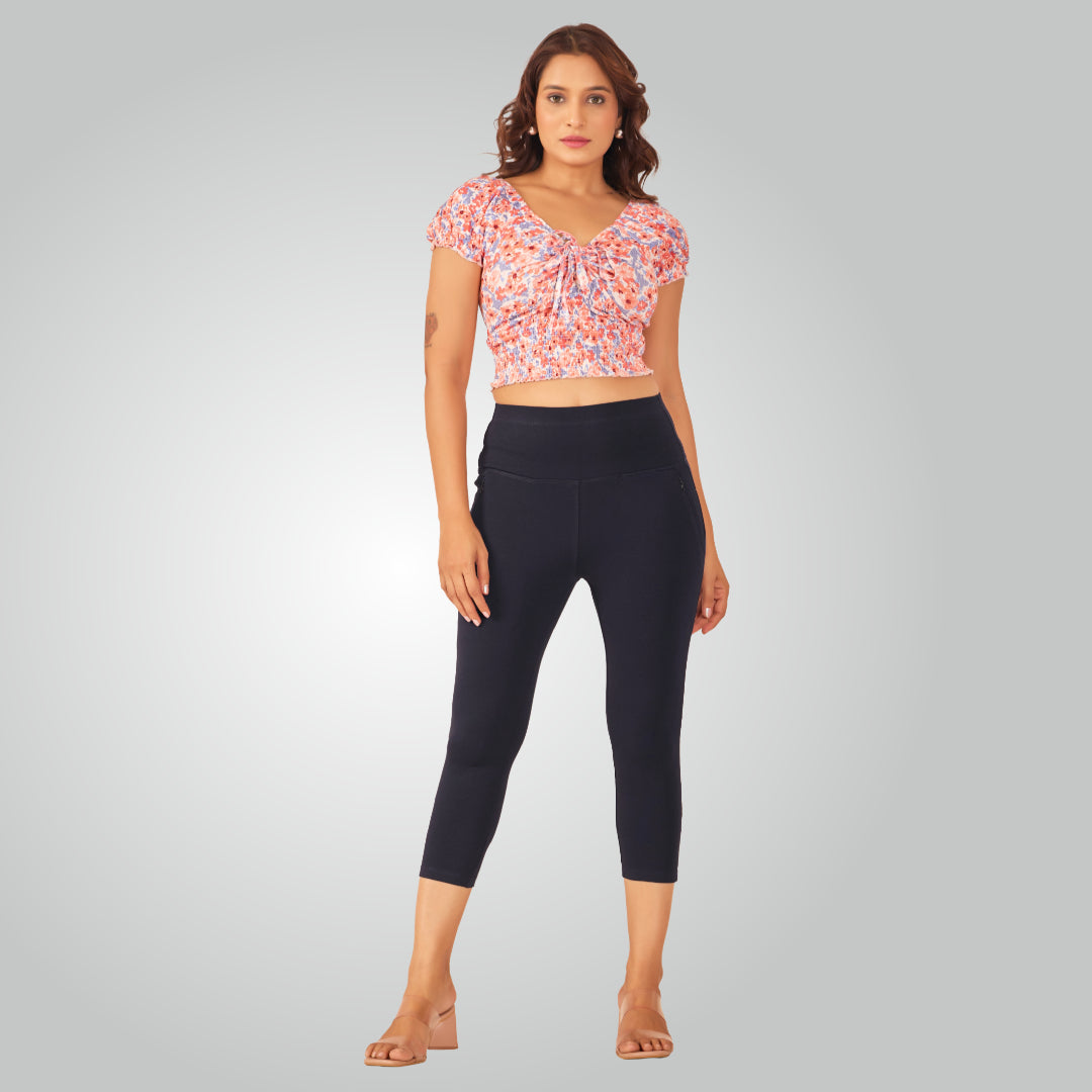 Navy Blue High Waist All Day Cotton Lycra Capris