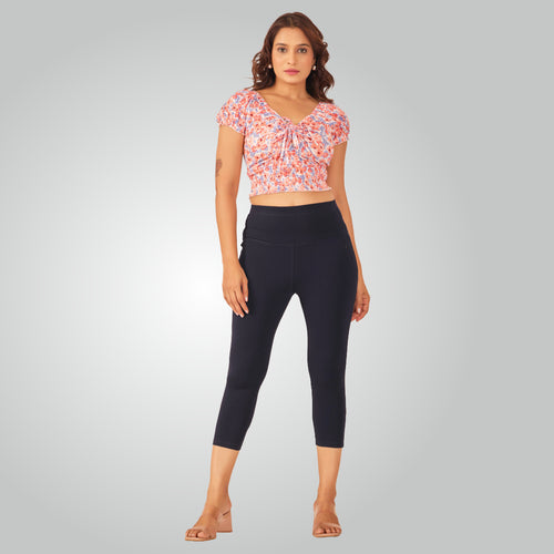Navy Blue High Waist All Day Cotton Lycra Capris