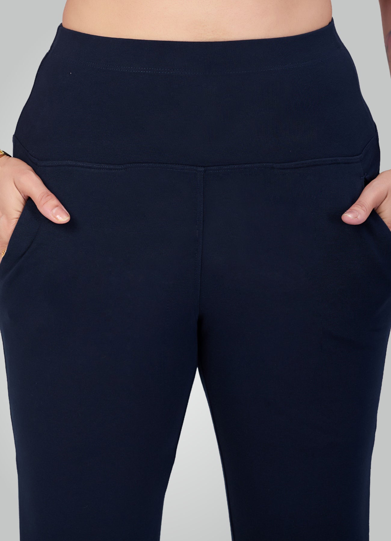 NAVY BLUE 4-WAY STRETCH COTTON HIGH WAIST PANT