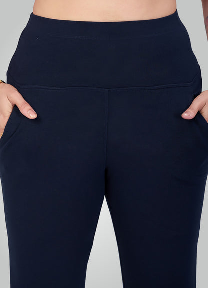 NAVY BLUE 4-WAY STRETCH COTTON HIGH WAIST PANT