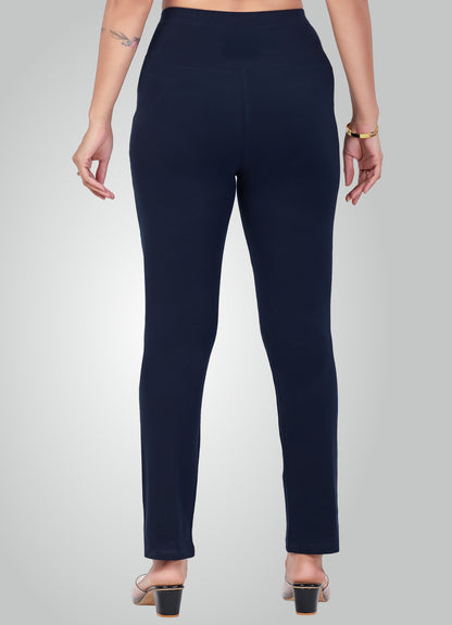 NAVY BLUE 4-WAY STRETCH COTTON HIGH WAIST PANT