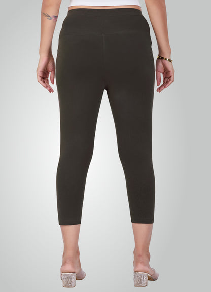 OLIVE GREEN 4-WAY STRETCH COTTON HIGH WAIST CAPRI