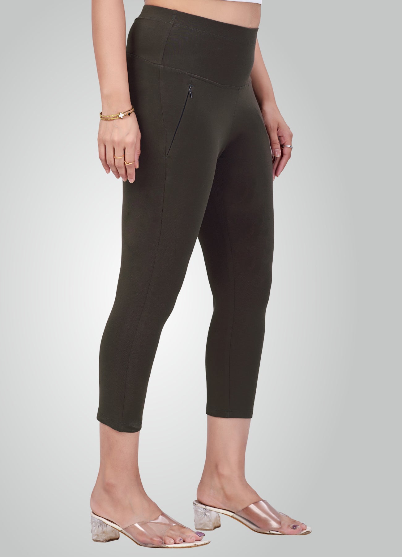 OLIVE GREEN 4-WAY STRETCH COTTON HIGH WAIST CAPRI
