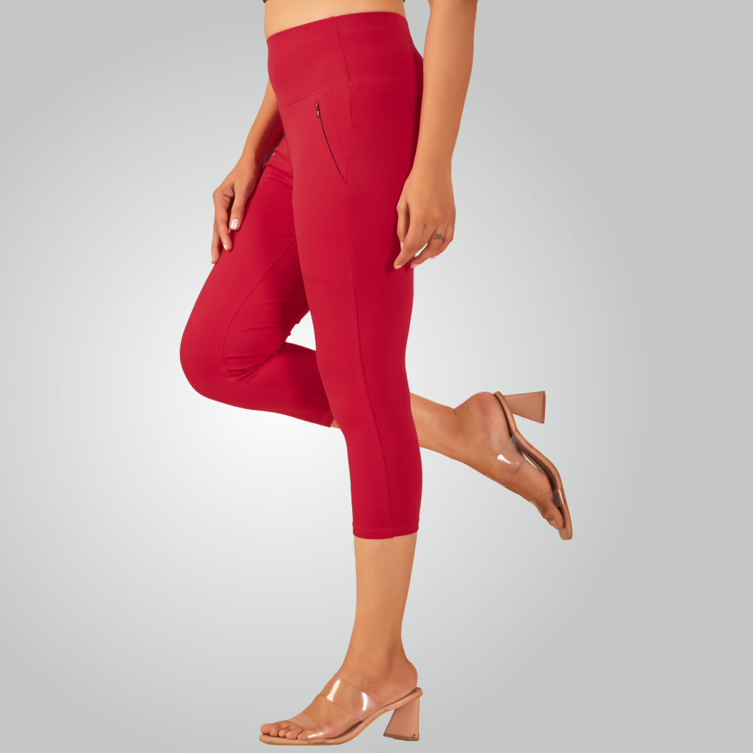 Red High Waist All Day Cotton Lycra Capris