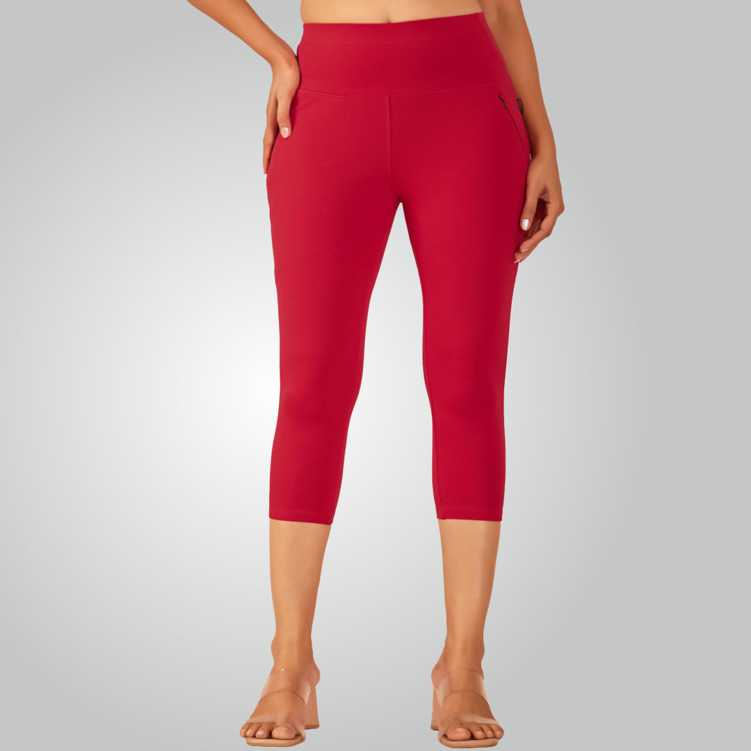 Red High Waist All Day Cotton Lycra Capris