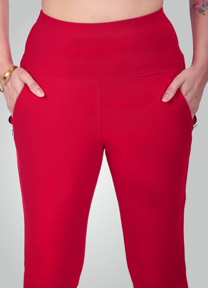 RED 4-WAY STRETCH COTTON HIGH WAIST PANT