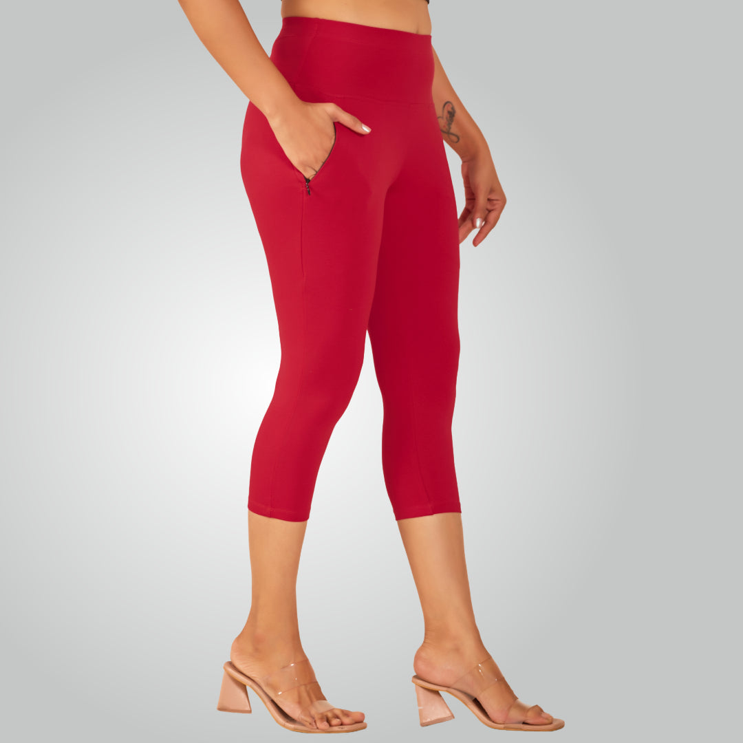 Red High Waist All Day Cotton Lycra Capris