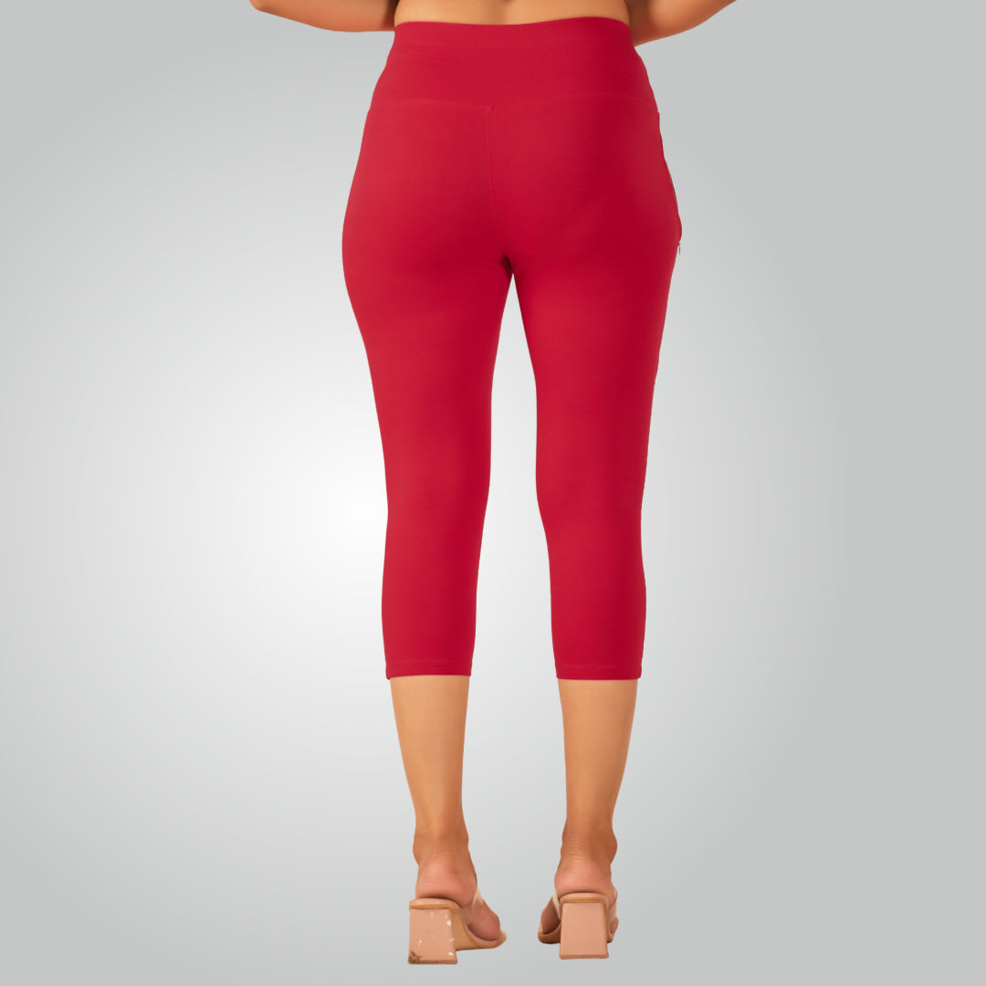 Red High Waist All Day Cotton Lycra Capris