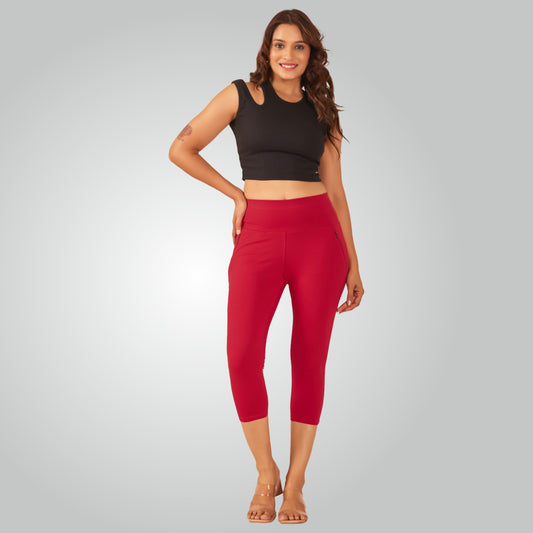 Red High Waist All Day Cotton Lycra Capris