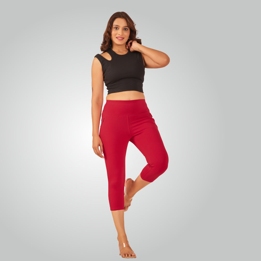 Red High Waist All Day Cotton Lycra Capris