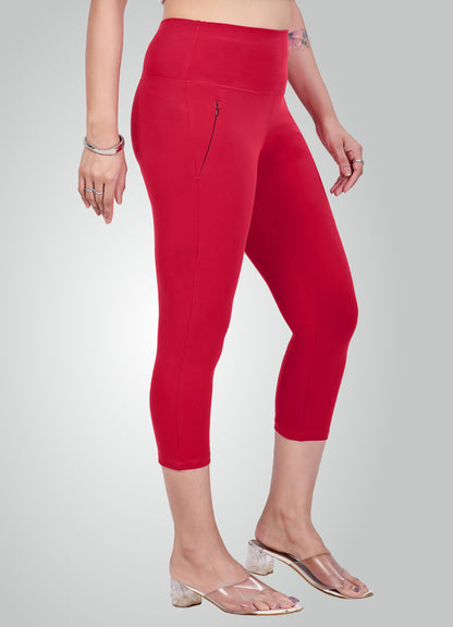 RED 4-WAY STRETCH COTTON HIGH WAIST CAPRI